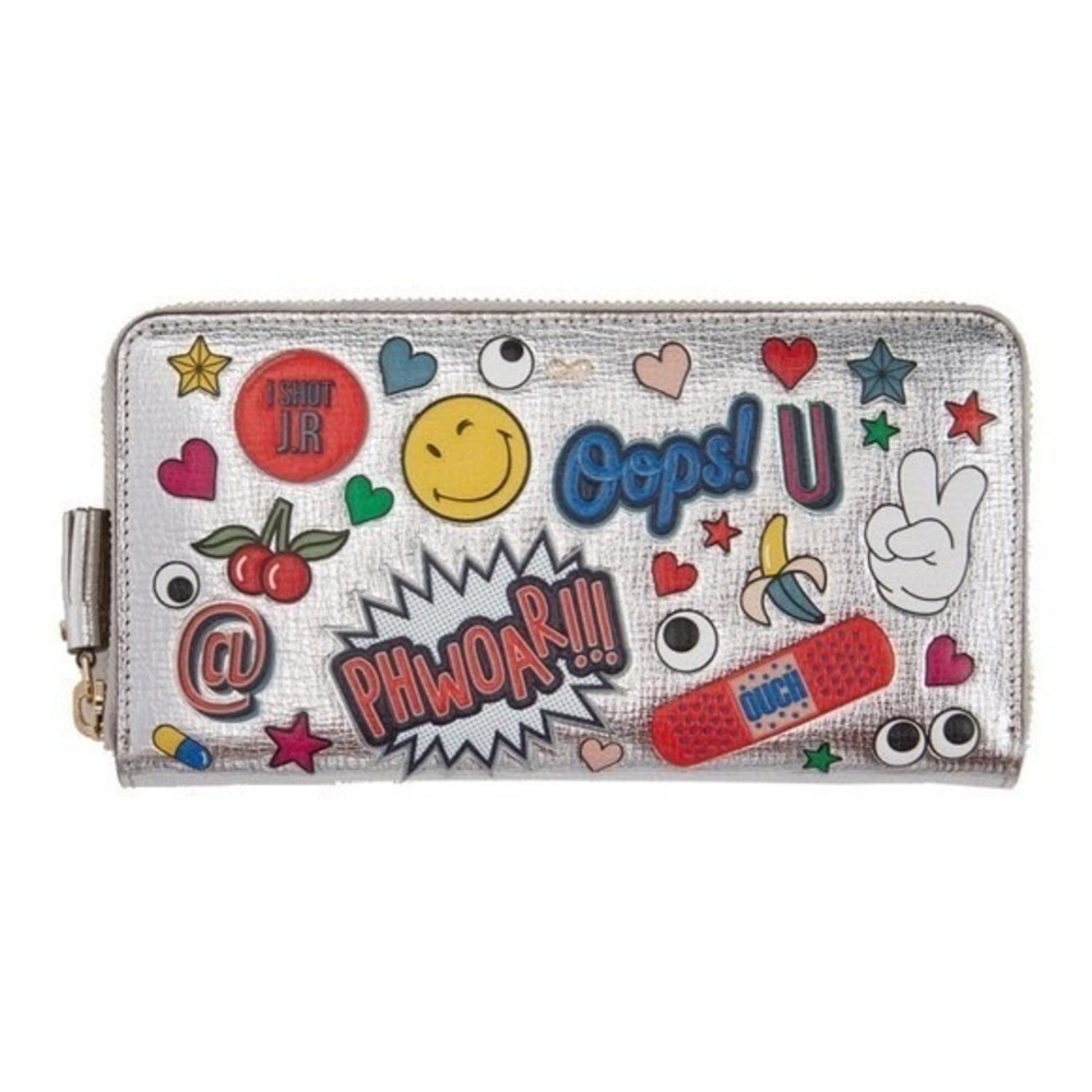 Anya Hindmarch Silver Large All Over Wink Stickers Zip Around Wallet
